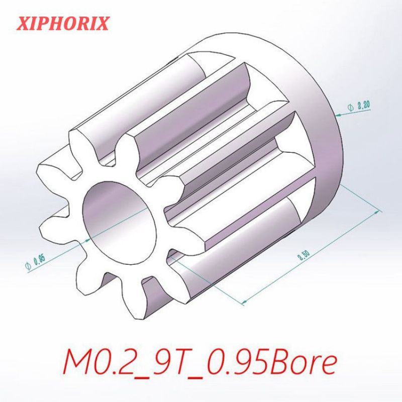 Picture of Module 0.2 9 teeth plastic pinion, interference fit 1.0mm shaft