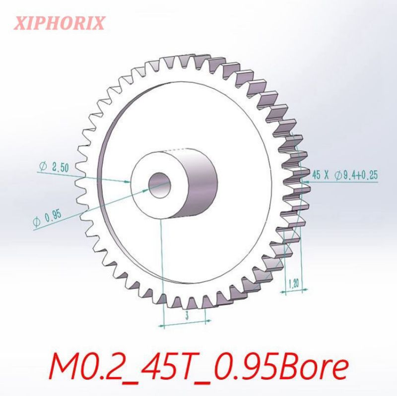 Picture of Module 0.2 45 teeth plastic  gear,  interference fit 1.0mm shaft